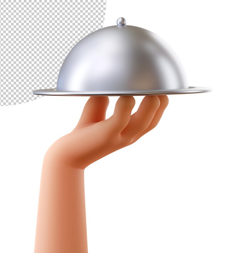 PSD 3d human hand holding metal silver dish with a dome lid on white backdrop restaurant serving plate