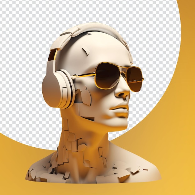 PSD 3d human head sculpture with sunglasses and headphone