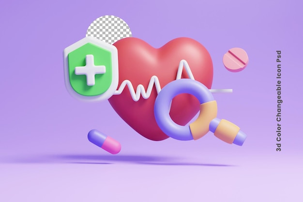 3d human pulse line with human heart and medical drug or 3d hospital equipment symbols