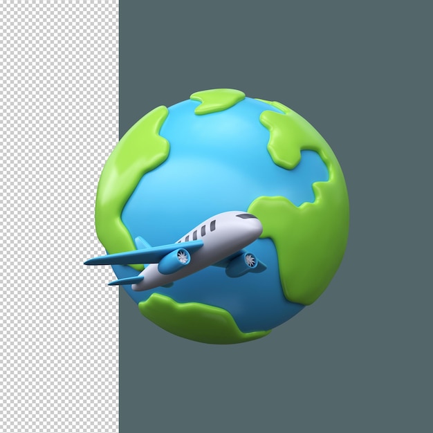 世界を飛ぶ飛行機の3Dアイコン 旅行コンセプト