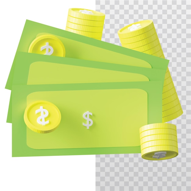 3d icon banknotes and piles of coins illustration