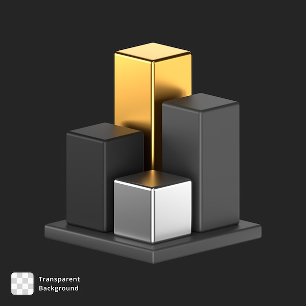 PSD 3d icon of a black and gold bar chart with 4 bars