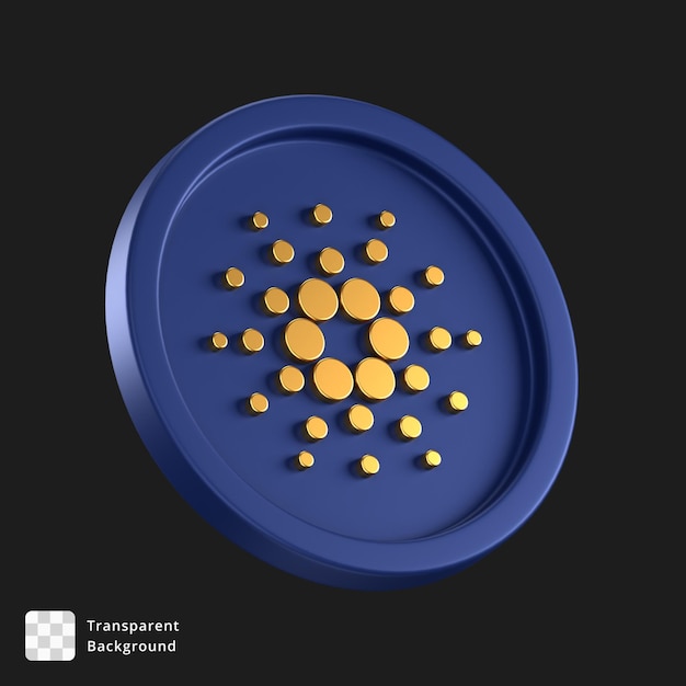 PSD 3d icon of a blue coin with golden cardano logo in the center