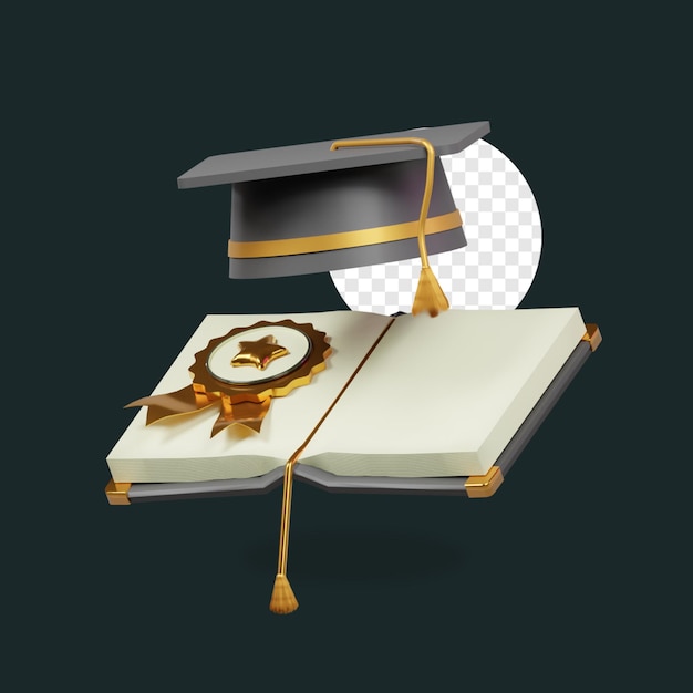 3D Icon Book with badge and graduation hat