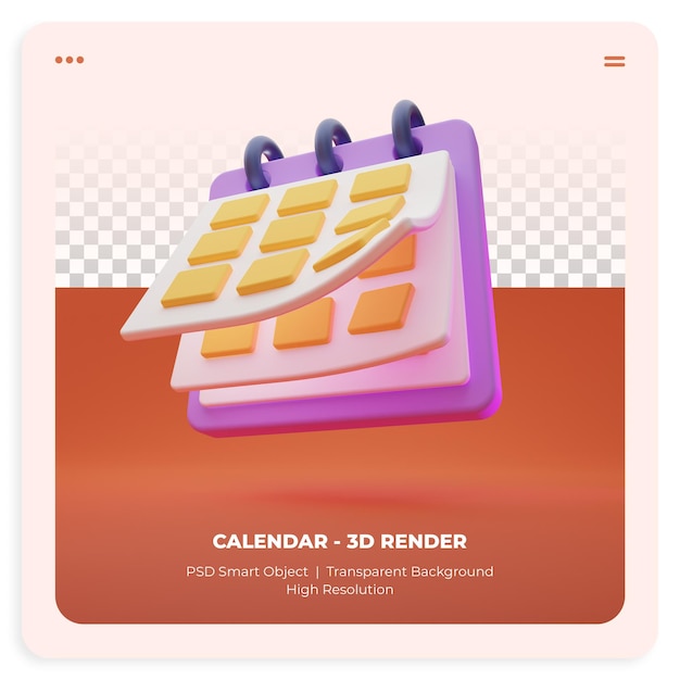 Calendario icona 3d su sfondo trasparente isolato