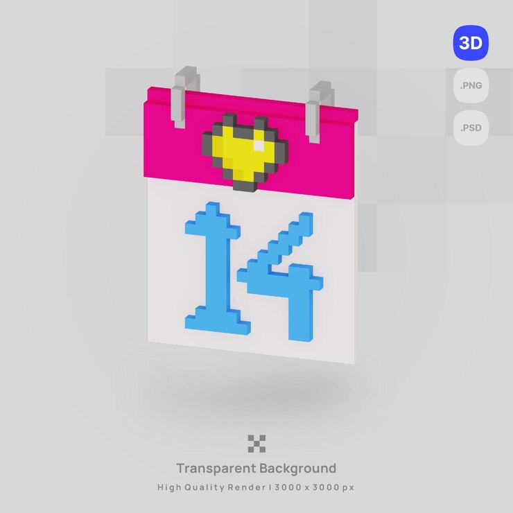 PSD 3d 日历爱情符号 (voxel) 图案概念图标