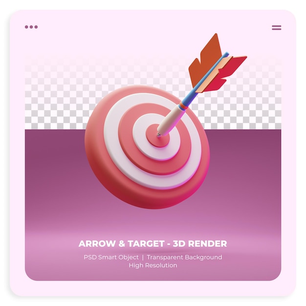 PSD 3d icon dart board for target with bullseye arrow on transparent background isolated