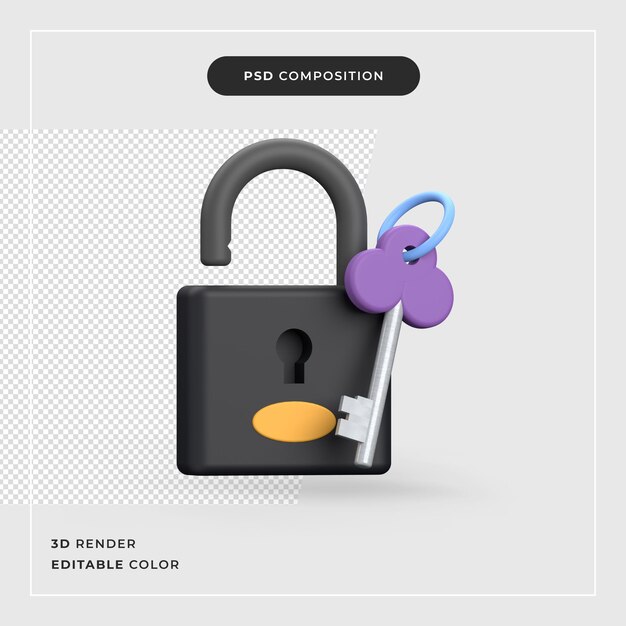PSD 3d icon design security secure safety lock with the unlock key