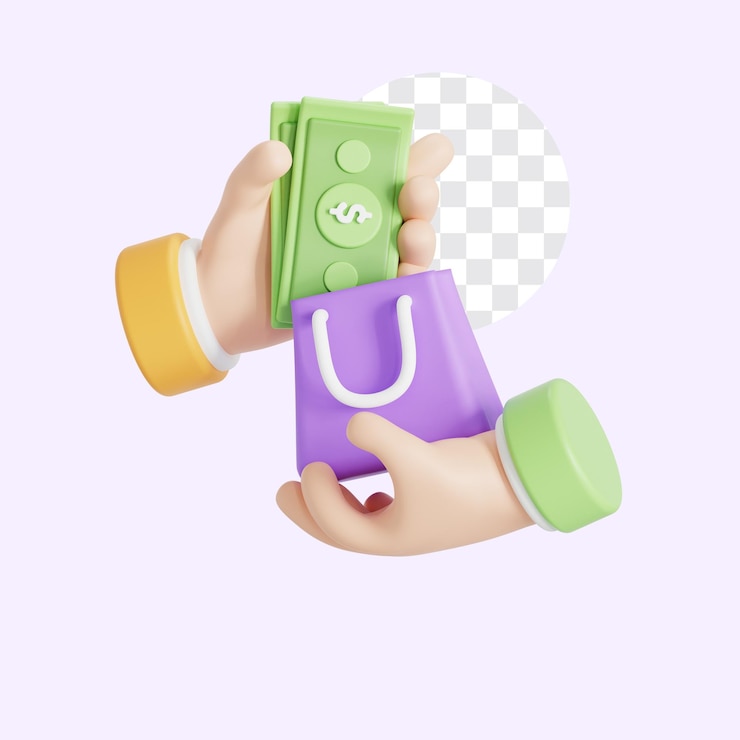 PSD 3d icon direct payment and shopping using cash money