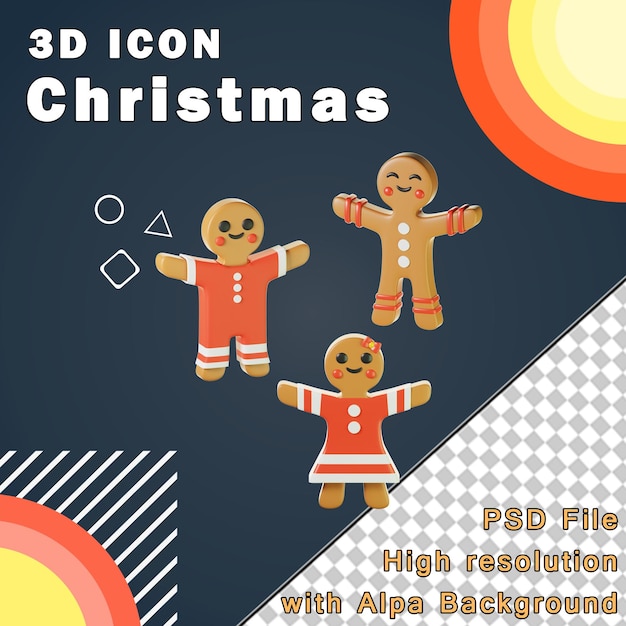 PSD 3d icon gingerbread man woman adn child