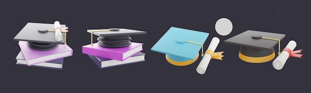 3d icon graduation gown hat illustration collection set.3D rendering