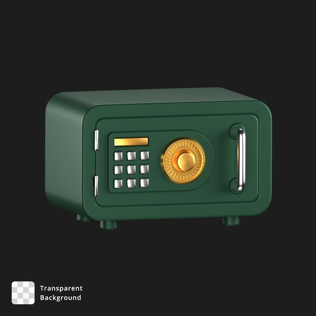 PSD 3d icon of a green safe box with silver and gold details