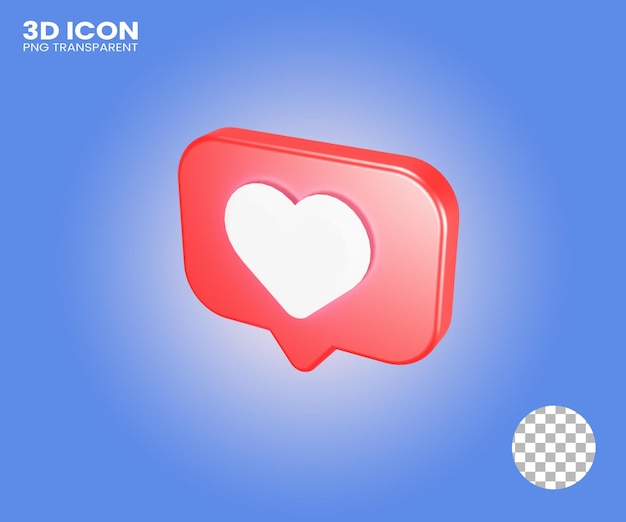 Icona 3d notifica sui social media a forma di cuore su sfondo trasparente