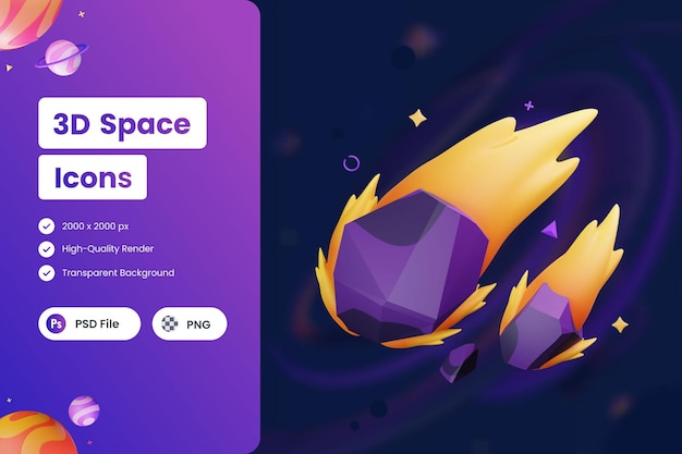 3D Icon Illustraties Komeet Meteoor Asteroïde