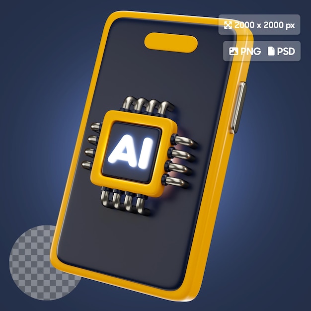 AI スマートフォンとチップの 3D アイコンイラスト