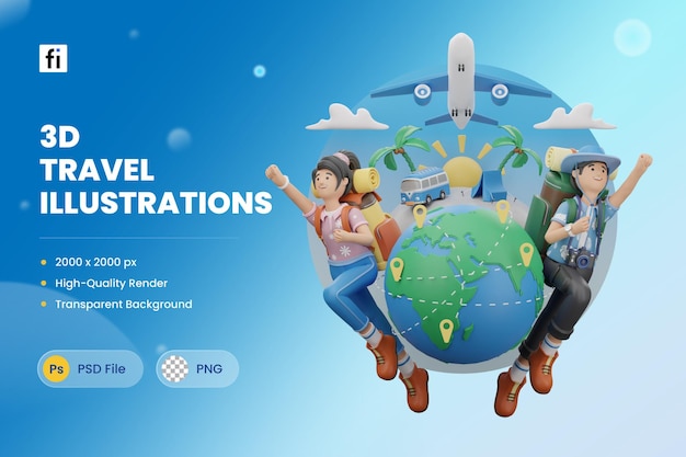 PSD 3d icon illustration around the world traveller