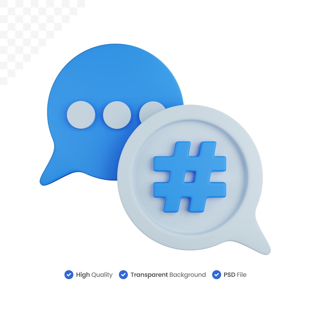 3d icon illustration синий и белый речевой пузырь с хэштегом символа