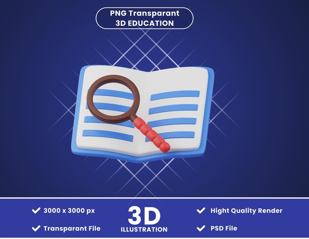 PSD 3d icon illustration book and magnifier