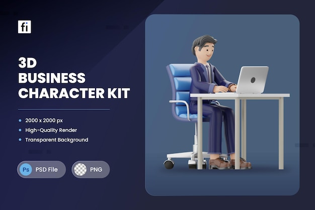 3d icon illustration of business character sitting at desk office workspace