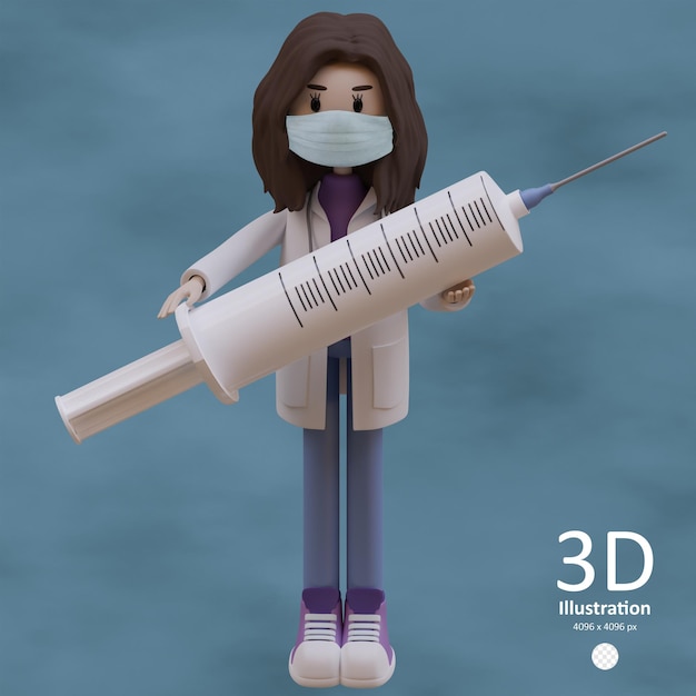 PSD 3d icon illustration female doctor wearing a mask with syringe