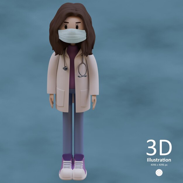 Illustrazione dell'icona 3d dottoressa che indossa una maschera