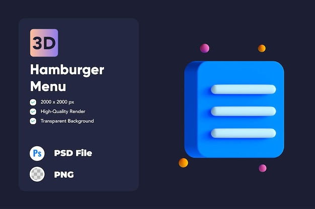 PSD illustrazione dell'icona 3d menu dell'hamburger