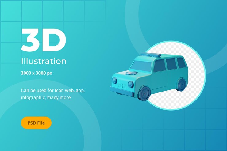 PSD 3d 아이콘 일러스트, 의료, 구급차, 웹, 앱, 인포그래픽
