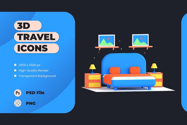 3D Иконка Иллюстрация Отель Кровать Спальня Проживание