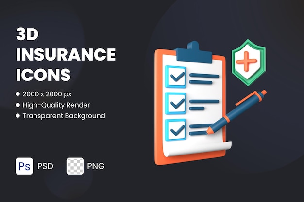 PSD 3d icon illustration insurance plan clipboard