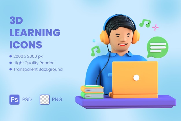 3d icon illustration listening hear learning