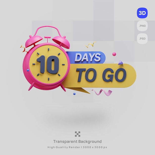 3D icon illustration render a pink alarm clock with the word 10 days to go on it