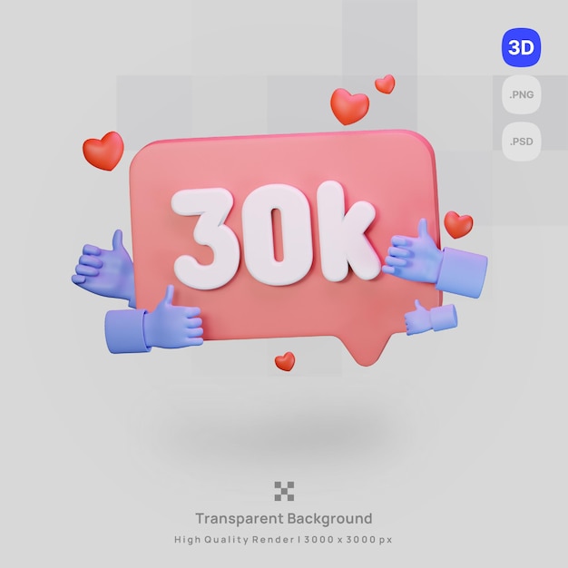 3d 아이콘 그림은 빨간색 하트와 투명 배경이 있는 단어 30k를 렌더링합니다.