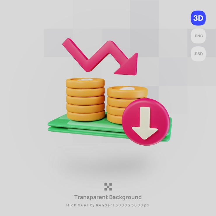 PSD 3d icon illustration render finance money coin arrow down with transparent background