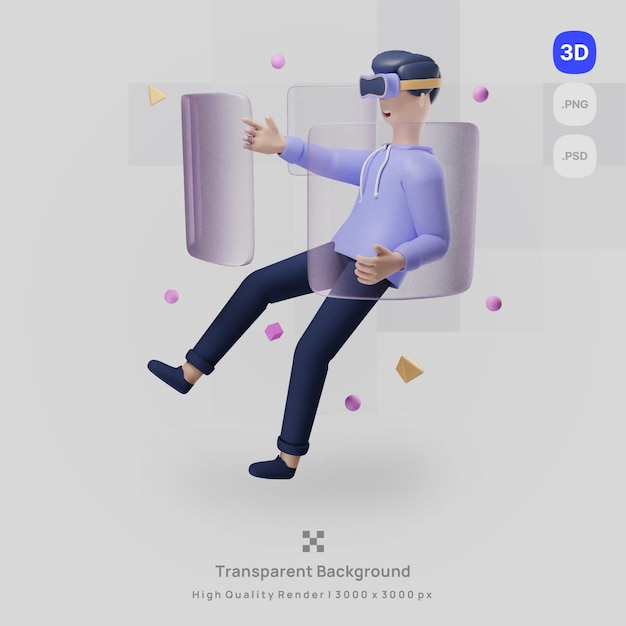 PSD 3d icon illustration render fly man with virtual reality with transparent background