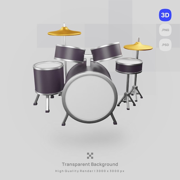 3D icon illustration render music studio drum set drummer with transparent background