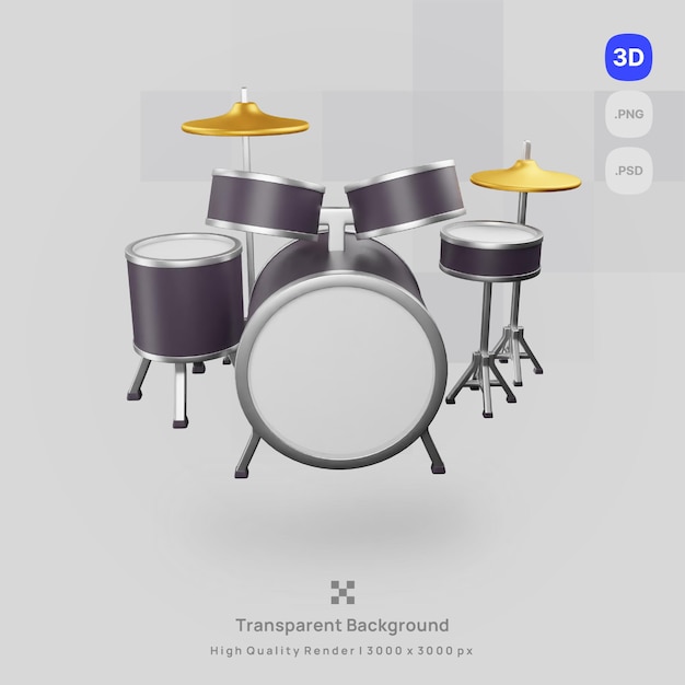 PSD 3d icon illustration render music studio drum set drummer with transparent background