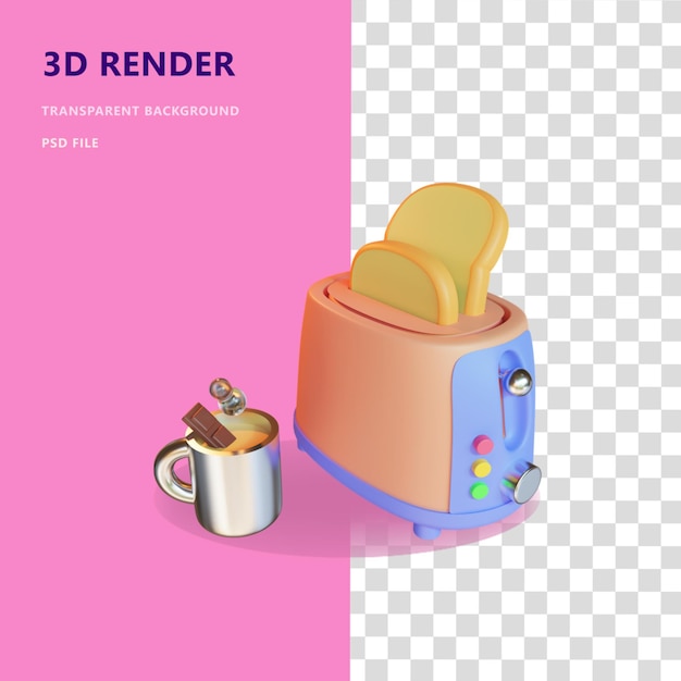 PSD 3d icon illustration toaster and hot choco with transparent background