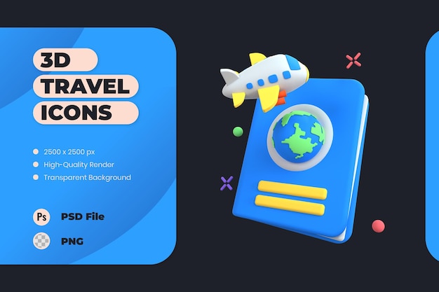 3d icon illustration travel holiday trip vacation airplane ticket passport