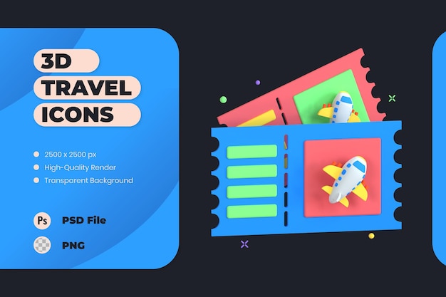 3D Icon Illustration Travel Holiday Trip Vacation Airplane Ticket