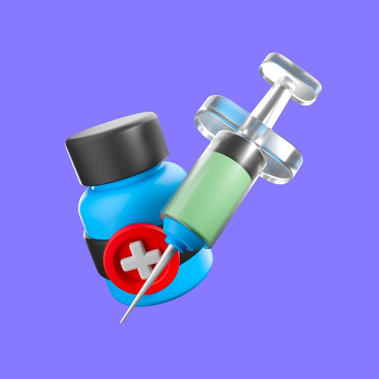 PSD a 3d icon inject and bottle fluid wirh bloue and green color
