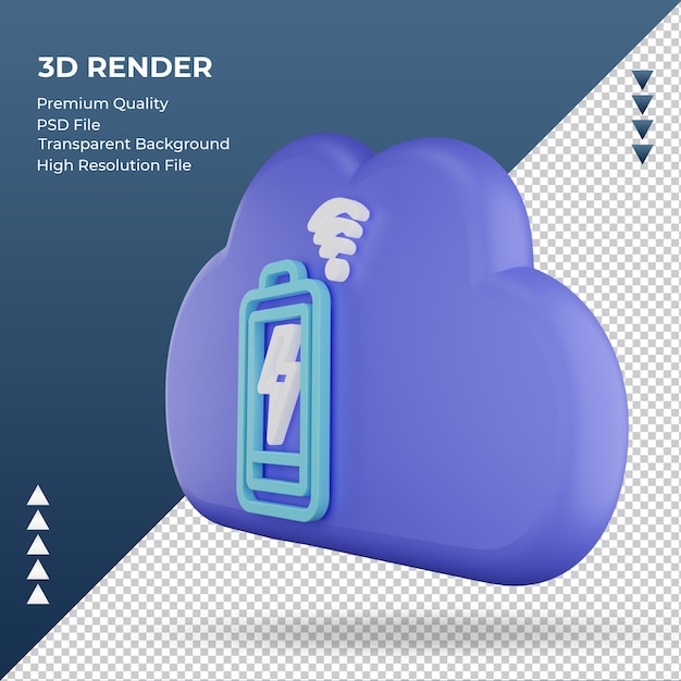 Icona 3d internet cloud segno di stato della batteria rendering vista giusta