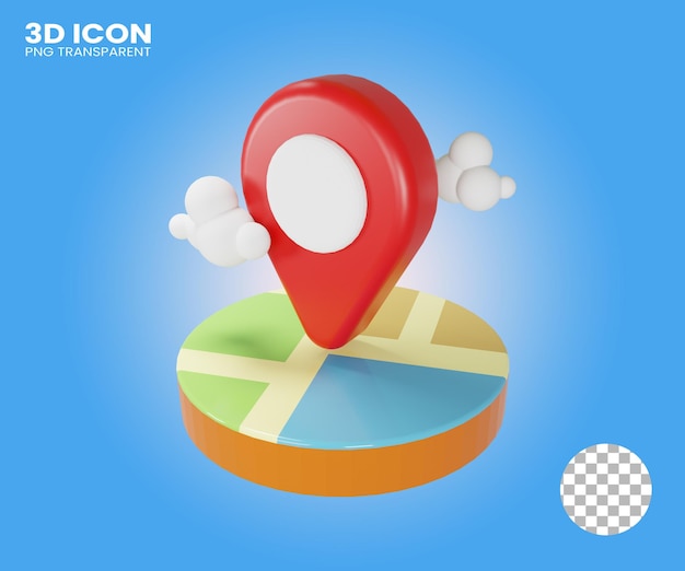 3d icon location symbol and map with on transparent background