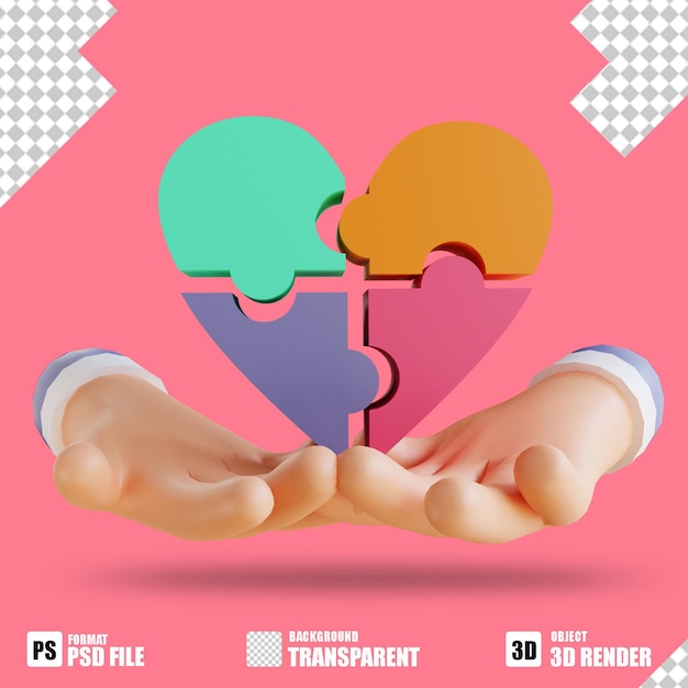 PSD puzzle d'amore con icona 3d e mani 3 per san valentino