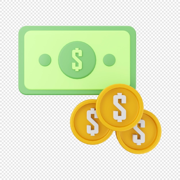 3d icona denaro denaro contante dollaro con monete illustrazione rendering