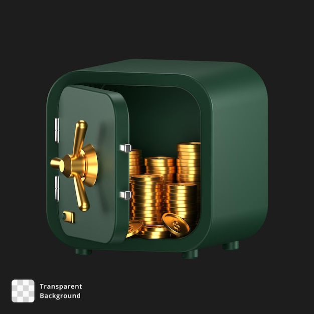 PSD 3d icon of a open green safe with stacks of coins inside