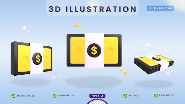 PSD 3d icon paper dollar money gold pack premium psd