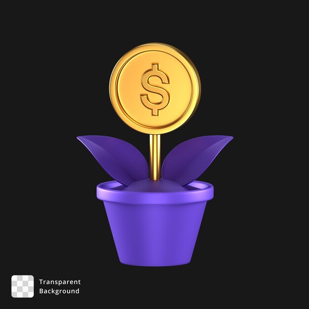 PSD 3d icon of a purple pot and plant with golden dollar coin as the flower