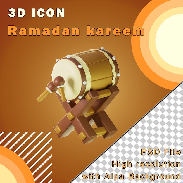 3d icon ramadan drum on three points of view on transparent background