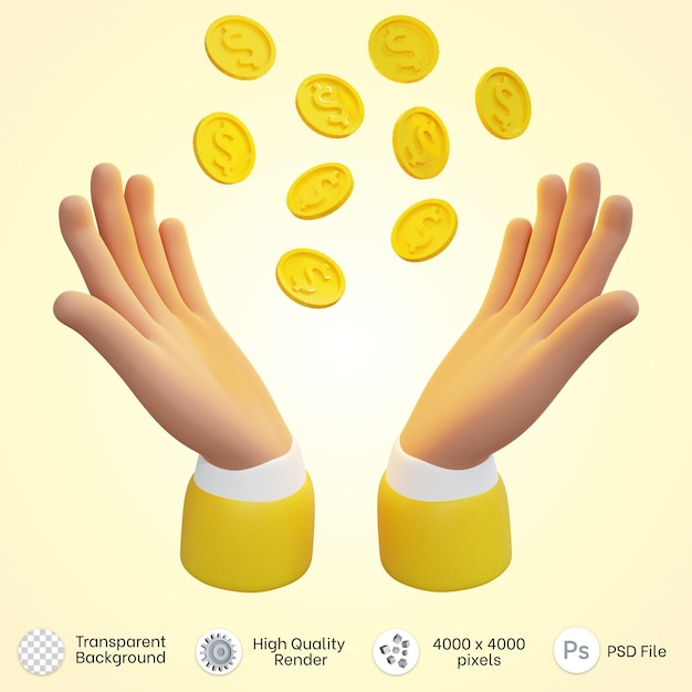 PSD rappresentazione dell'icona 3d delle mani che tengono le monete