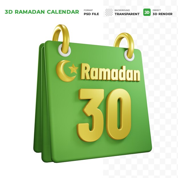 PSD icona 3d rendering del calendario islamico del giorno del ramadan